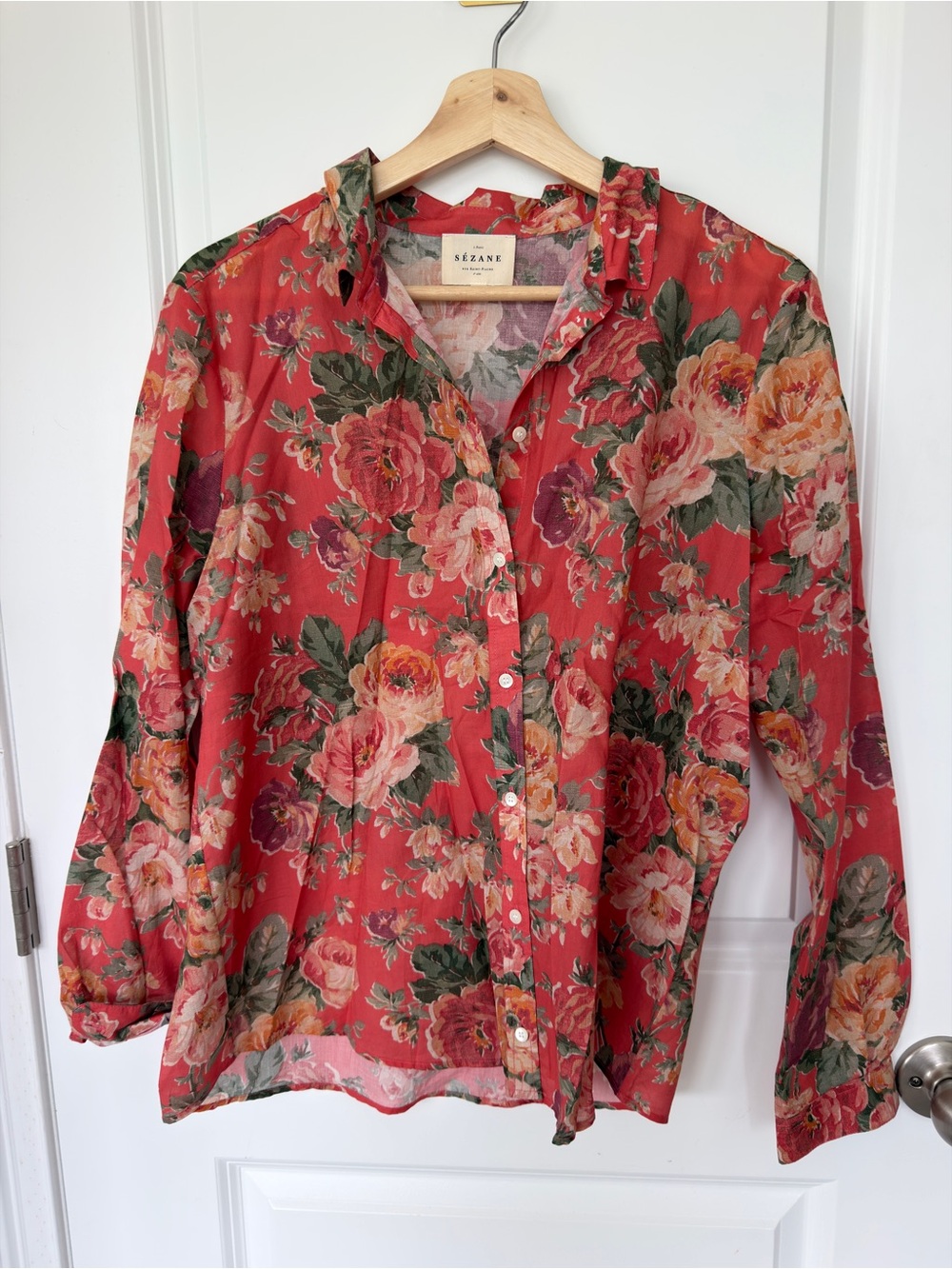 Sezane pierro Almeria print Coral Red Floral Button-Up Shirt